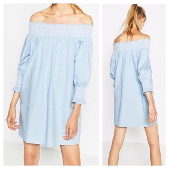 ZARA Woman Size XS Off-Shoulder Poplin Mini Tunic Dress in Ice Blue - Picture 1 of 10